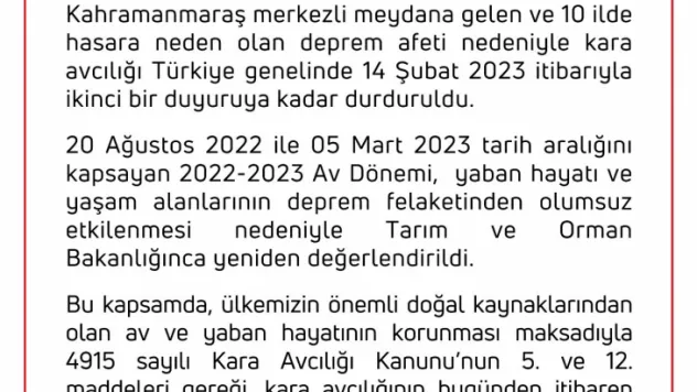 Kara avcılığı ülke genelinde durduruldu