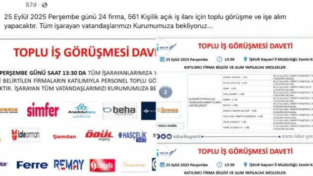 Kayseri'de 24 firma 561 kişi için toplu iş görüşmesi yapacak