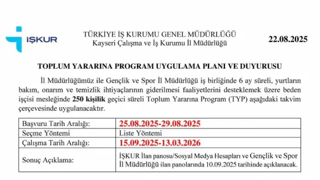 Kayseri'de yurtlar için 250 kişilik geçici istihdam