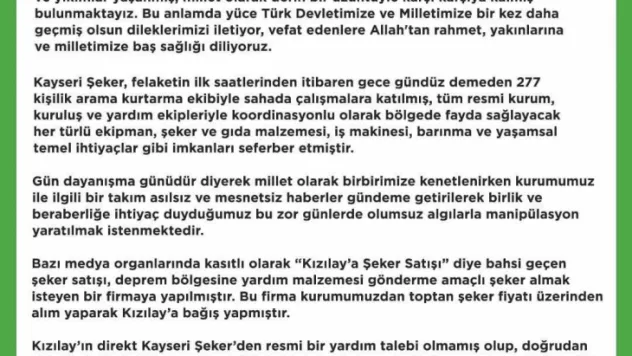 Kayseri Şeker'den 'Kızılay'a şeker sattı' iddiasına yanıt