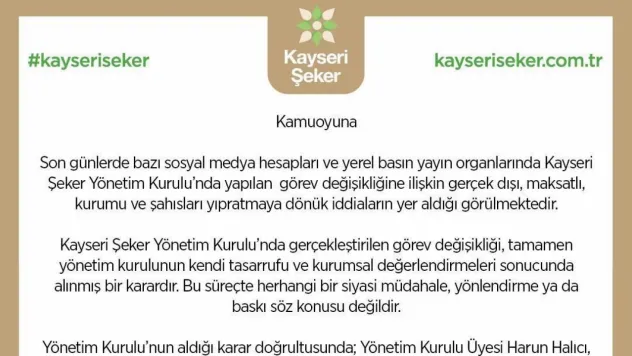 Kayseri Şeker: 'Görev değişikliği siyasi bir karar değil'