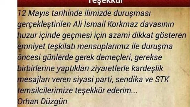 Kayseri Valisi Düzgün'den Ali İsmail Korkmaz Davası Teşekkürü