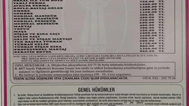 Kuaför ve berber tarifleri zamlandı