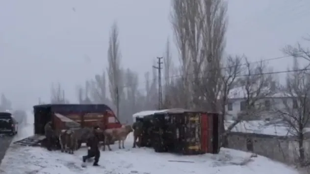 Sarız'da kar ve buzlanma nedeniyle kamyon devrildi