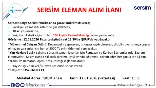 Serbest Bölge SERSİM fabrikasına 100 kişilik işçi alınacak