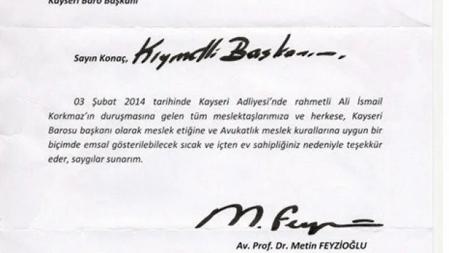 Tbb Başkanı Feyzioğlu'ndan Kaysero Barosuna Teşekkür Mektubu 