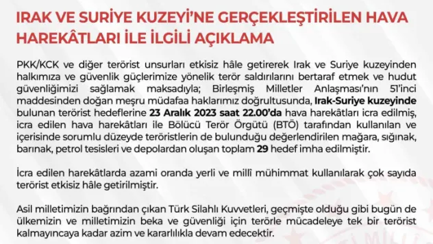 TSK bölücü terör örgütünün 29 hedefini imha etti