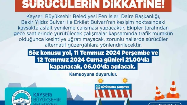 Erkilet ve Bekir Yıldız Bulvarı kesişim noktası asfaltı yenilenecek