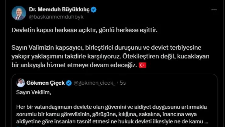 Başkan Büyükkılıç, Vali Gökmen Çiçek'e arka çıktı: 'Devletin kapısı herkese açıktır'