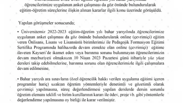 ERÜ'den, 'hibrit eğitim' açıklaması