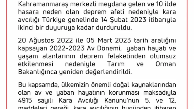 Kara avcılığı ülke genelinde durduruldu