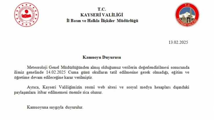 Kayseri'de 14 Şubat'ta okullar tatil edilmeyecek