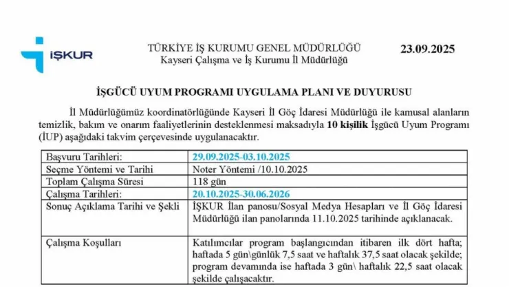 Kayseri'de kamusal alanların bakımı için 10 kişilik İşgücü Uyum Programı başlatılıyor