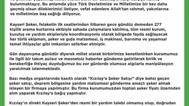 Kayseri Şeker'den 'Kızılay'a şeker sattı' iddiasına yanıt