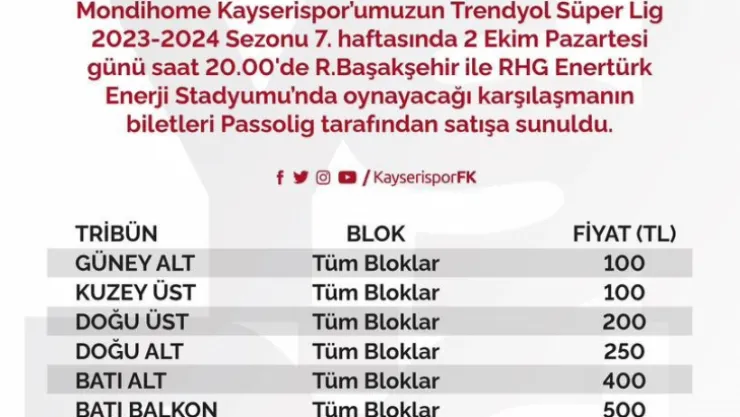 Kayserispor-Başakşehir maçının bilet fiyatları belli oldu