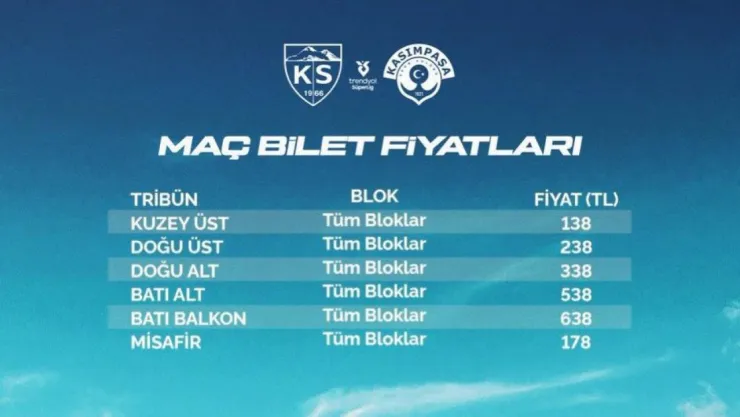 Kayserispor – Kasımpaşa maç biletleri satışa çıktı