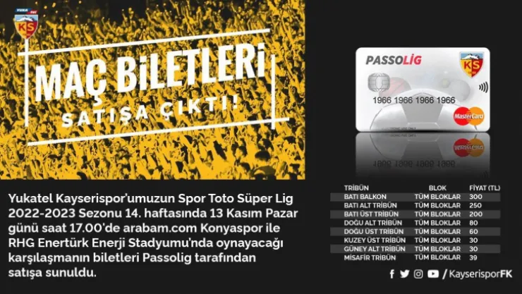 Kayserispor - Konyaspor maçı biletleri satışa çıktı