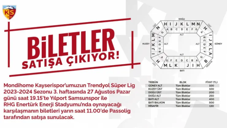 Kayserispor - Samsunspor maç bileti bugün satışa çıkacak