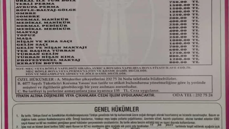 Kuaför ve berber tarifleri zamlandı