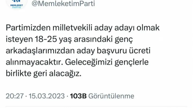 Memleket Partisi, gençlerden adaylık ücreti almayacak