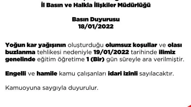 Nevşehir'de eğitime 1 gün ara verildi
