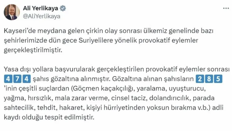 Provokatif eylemler sonrası gözaltına alınan 474 kişinin 285'inin suç dosyası kabarık çıktı 