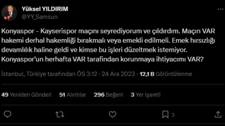 Samsunspor Başkanı Yıldırım'dan Kayserispor'un golünün iptaline tepki