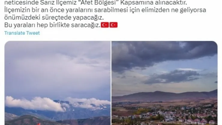 Sarız, 'Afet bölgesi' kapsamına alınıyor