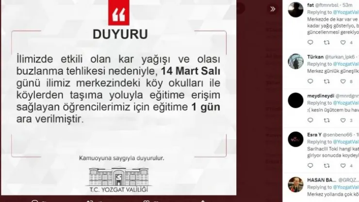 Yozgat'ta öğrencilerin 'kar tatili' mesajları gülümsetti