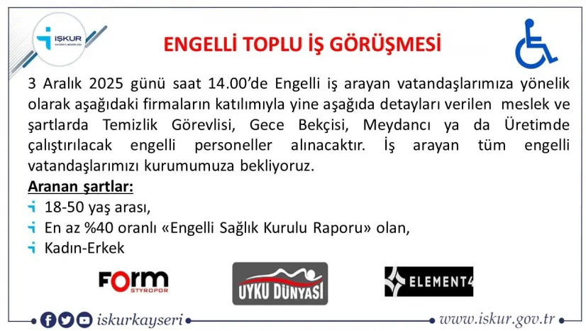 Engelli vatandaşlara yönelik toplu iş görüşmesi gerçekleşecek