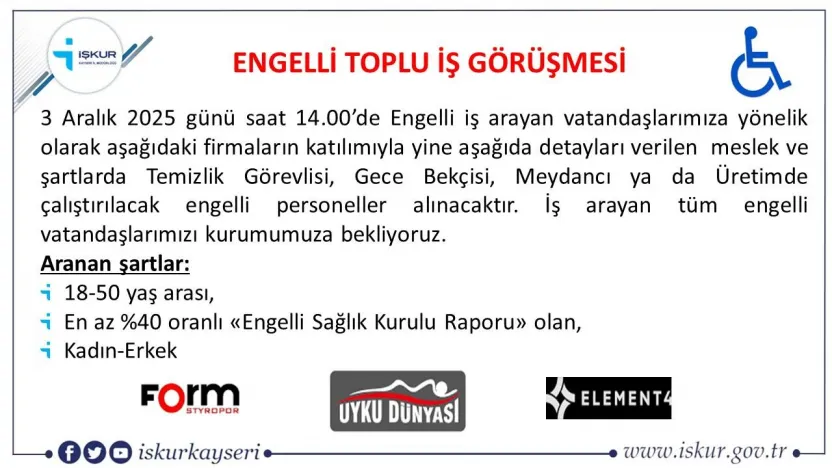 Engelli vatandaşlara yönelik toplu iş görüşmesi gerçekleşecek