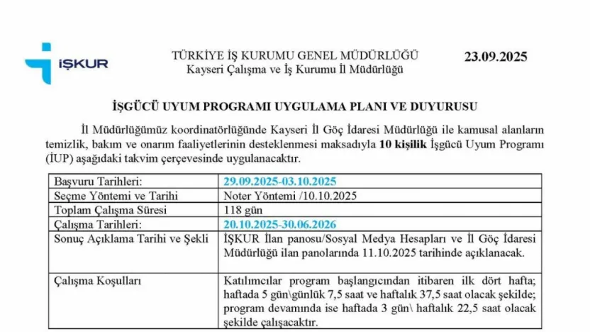 Kayseri'de kamusal alanların bakımı için 10 kişilik İşgücü Uyum Programı başlatılıyor