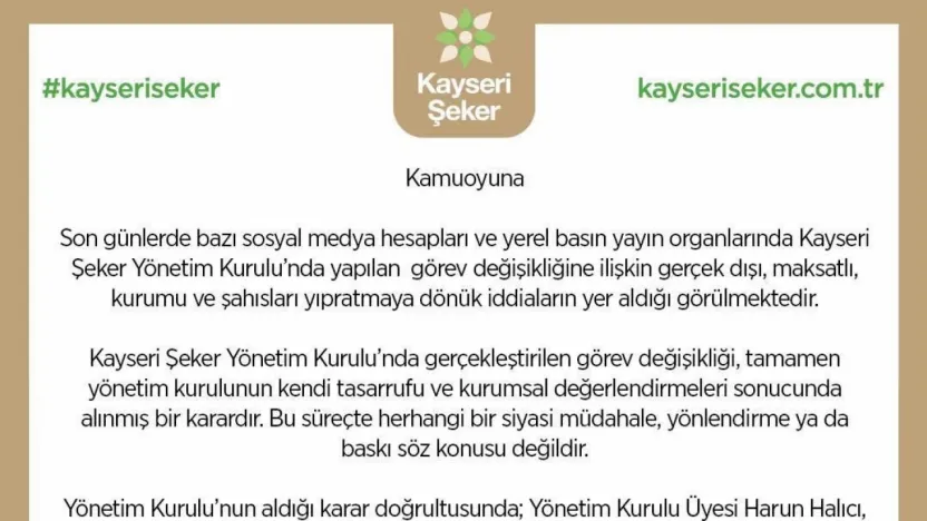 Kayseri Şeker: 'Görev değişikliği siyasi bir karar değil'