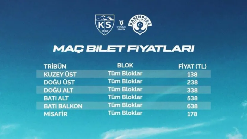 Kayserispor – Kasımpaşa maç biletleri satışa çıktı