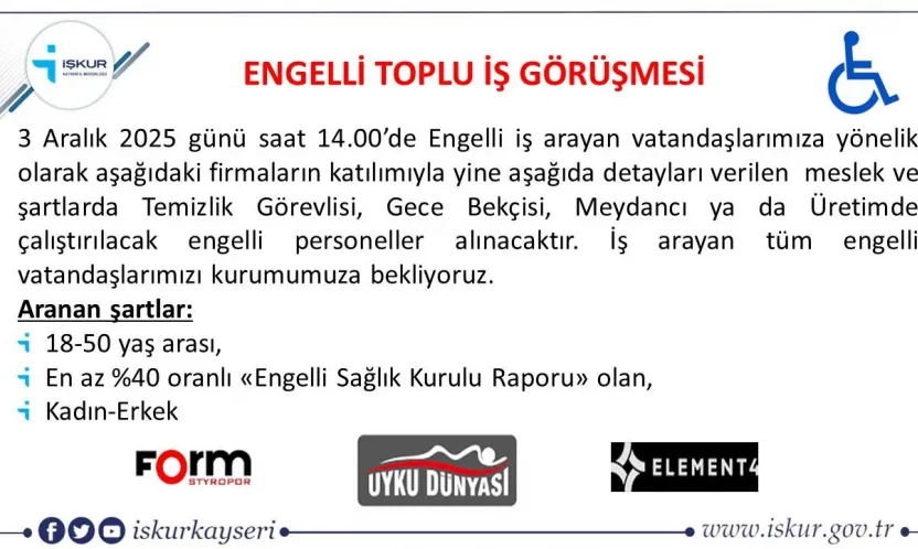 Engelli vatandaşlara yönelik toplu iş görüşmesi gerçekleşecek