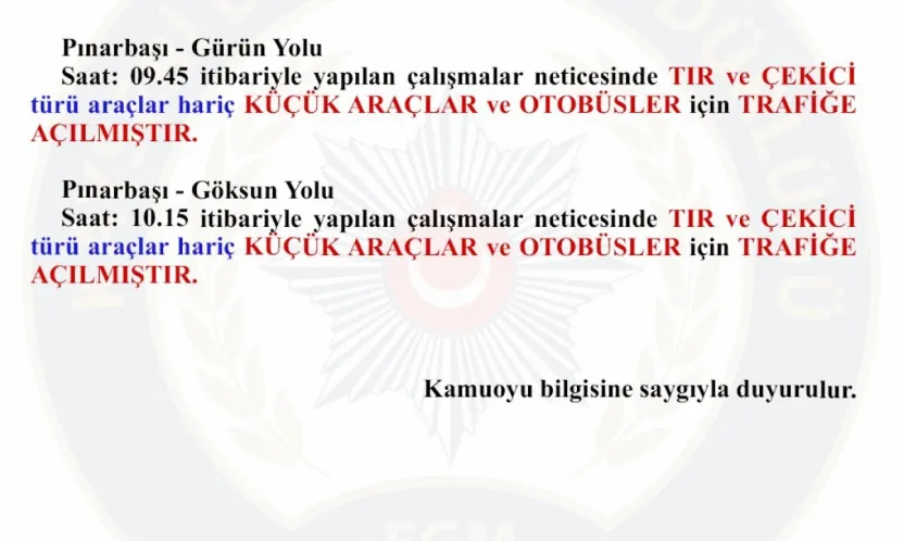 Gece kapanan Pınarbaşı'ndan Göksun ve Gürün Yolu trafiğe açıldı