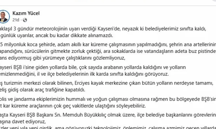 İYİ Partili Yücel, 'Kar küreme çalışmalarında Kayseri belediyeleri sınıfta kaldı'
