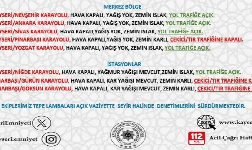 Kayseri'de yol durumu: Bazı güzergâhlar tır ve çekici trafiğine kapalı