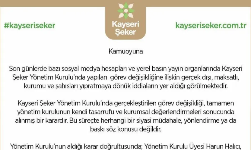 Kayseri Şeker: 'Görev değişikliği siyasi bir karar değil'