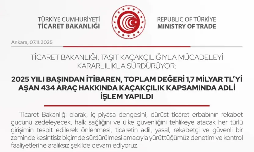 Toplam değeri 1,7 milyar lirayı aşan 434 araç hakkında kaçakçılık kapsamında adli işlem yapıldı