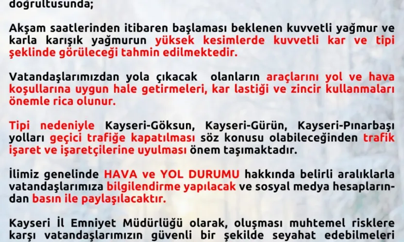 Yola çıkacaklar dikkat: Kayseri'ye 'sarı' kodlu uyarı